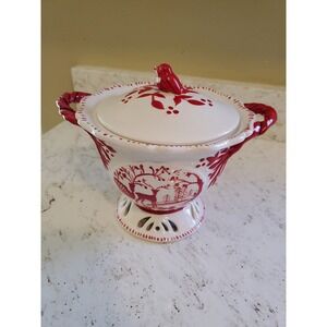 Blue Sky Goldminc Red Handled Footed Bowl w/ Lid Bird & Deer Christmas Scene